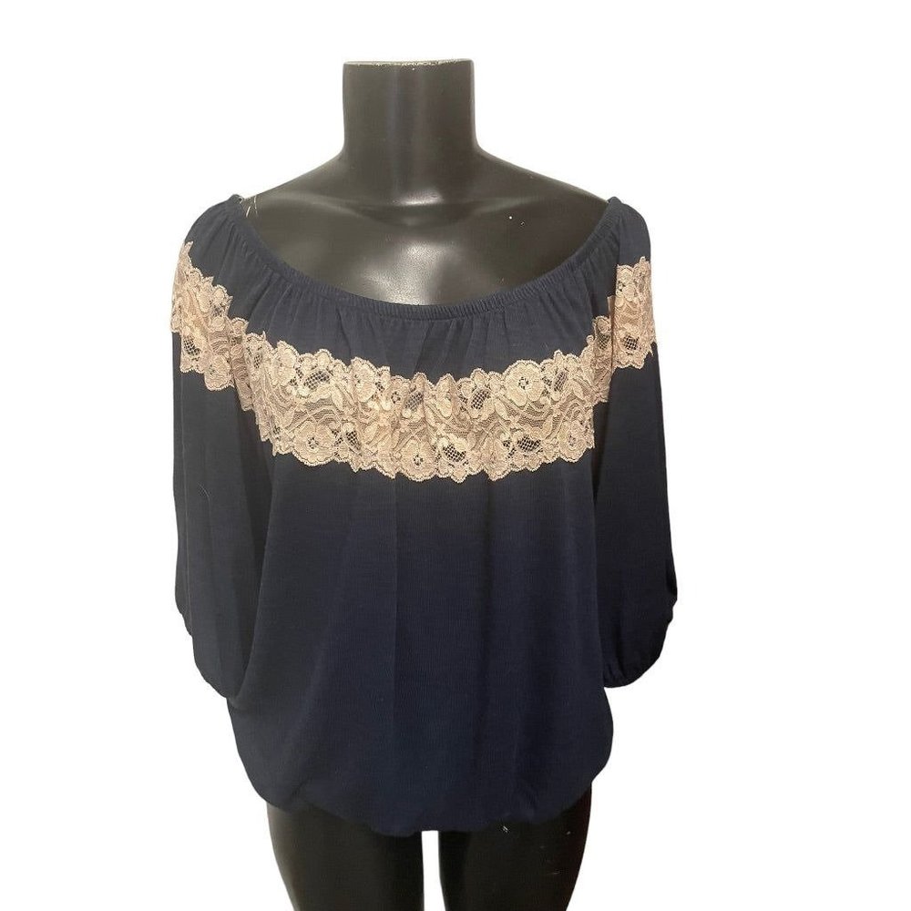 Large Bella D Lace Embellisment Women's Navy Blue Off Shoulder Blouse